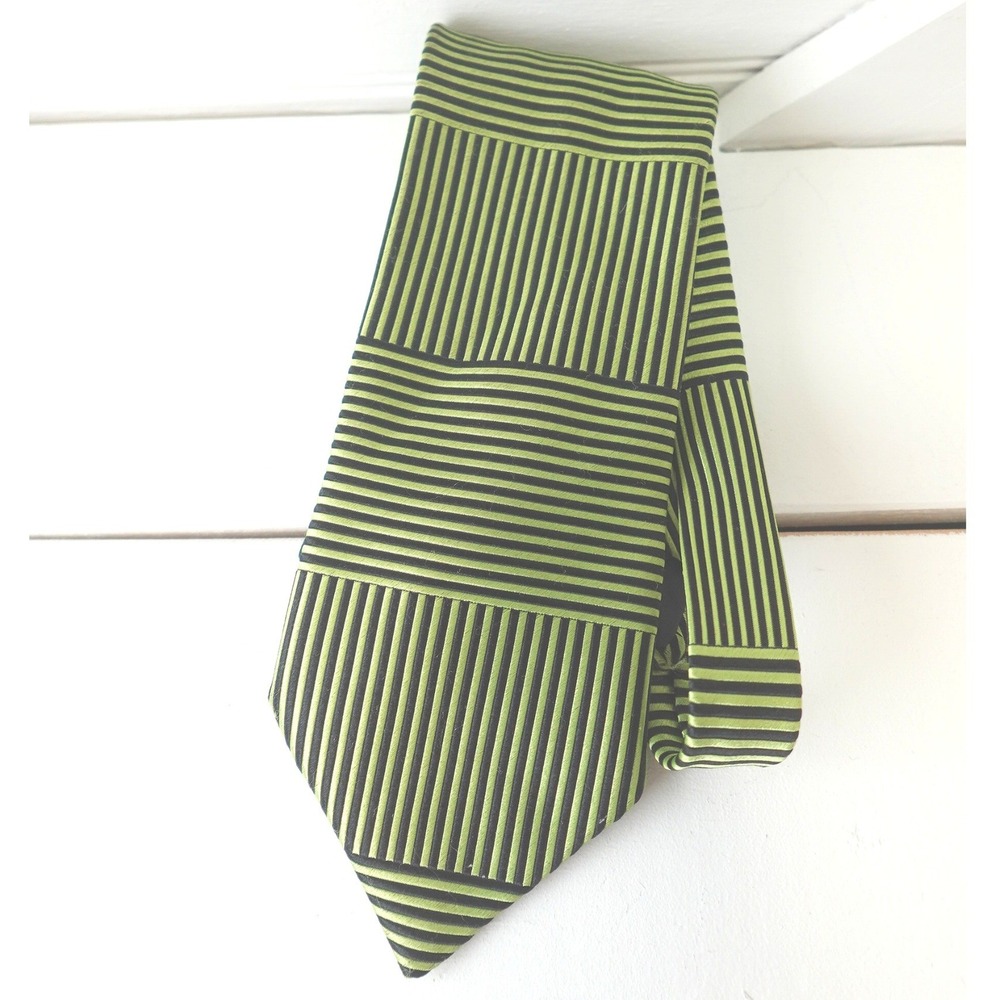 Benjamin James Neck Tie 100% Silk Green Black Abstract Striped 58 in Retro 80s